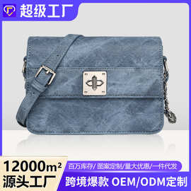 新款外贸斜挎包女百搭小方包复古牛仔菱格链条单肩豆腐包