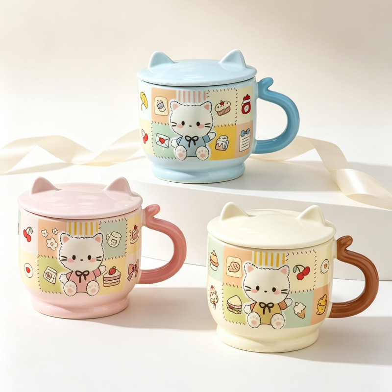 Cat ceramic mug with lid