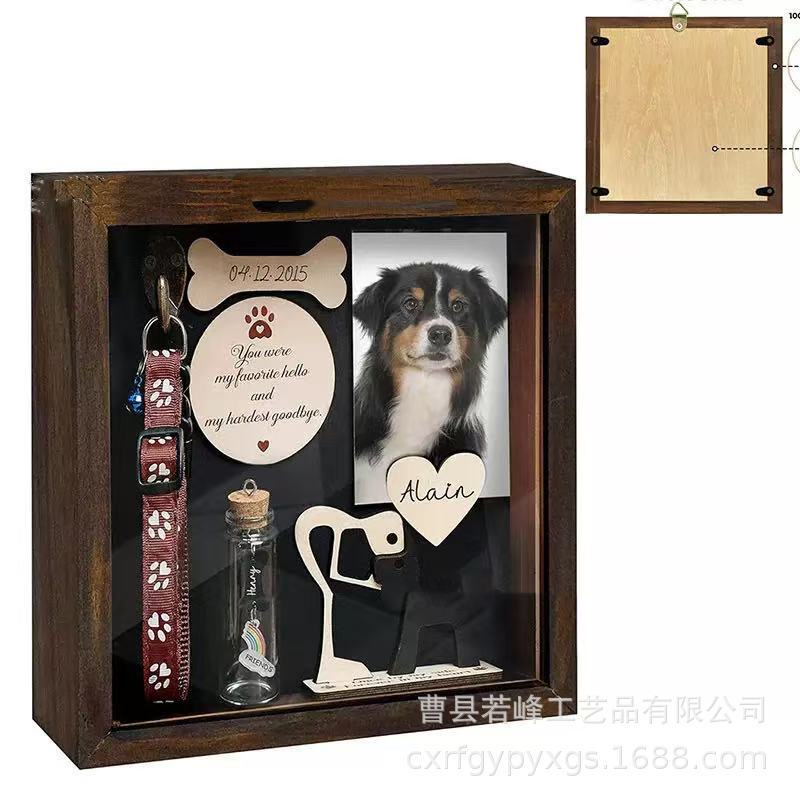 Ready-Made Wooden Pet Photo Frame, Wall-Mountable Pet Memorial Photo Frame, Collar Keepsake Storage Frame with Ink Pad Photo Frame