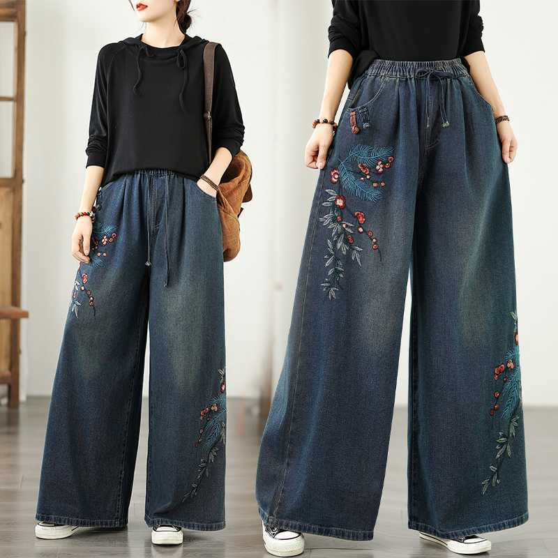 Autumn thin denim retro ethnic trousers