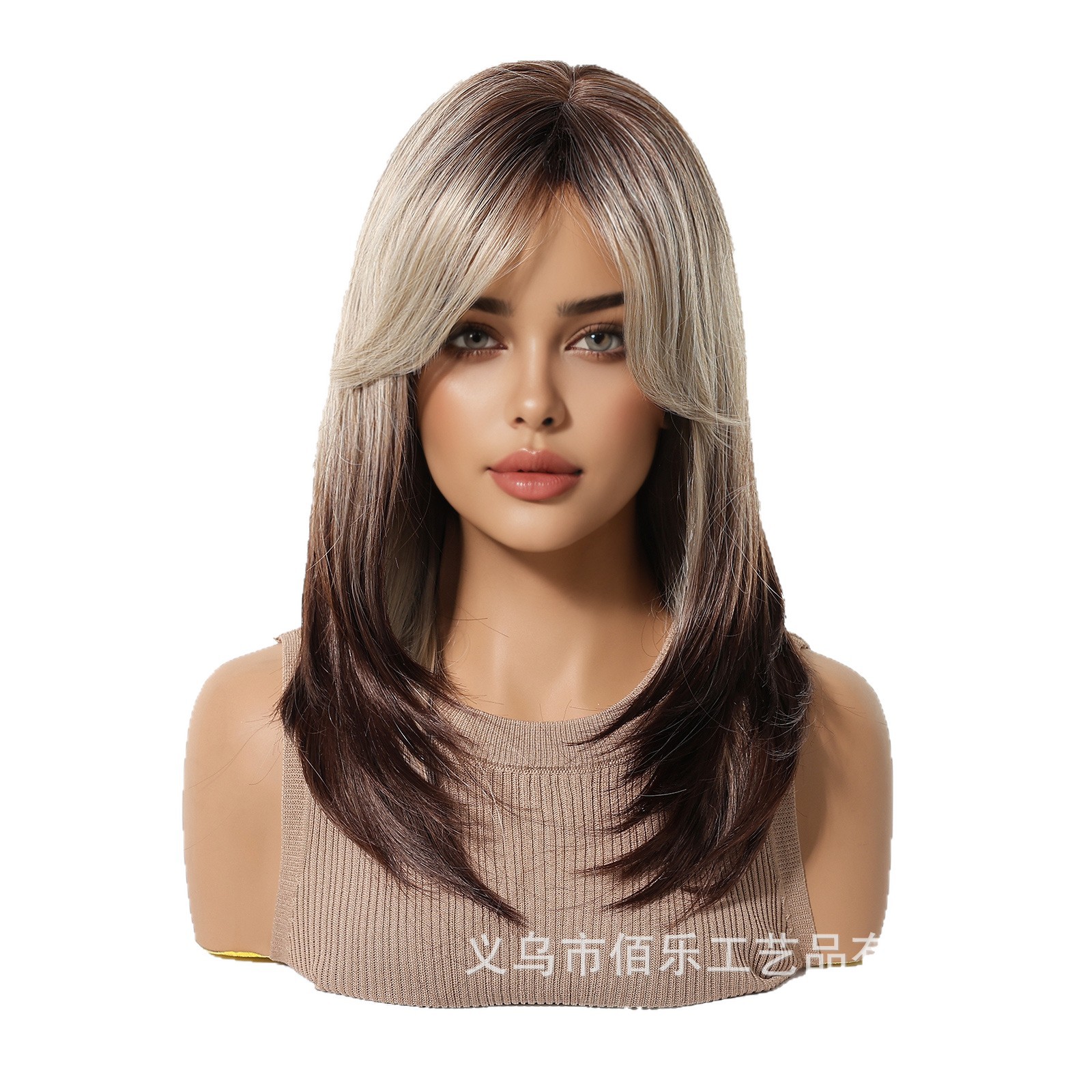 Peluca de alto nivel degradada marrón negro europeo y americano, flequillo de ocho caracteres, cabello lacio de longitud media, venta caliente transfronteriza wigs
