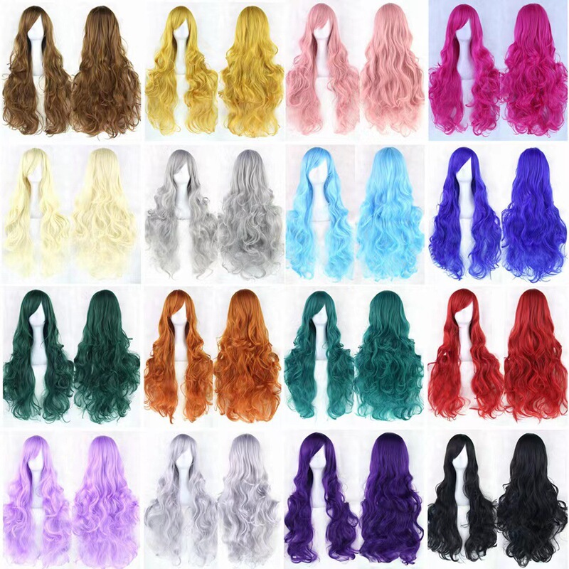 Cosplay anime wig Cosplay color wig long curly hair 80cm curly oblique bangs wig