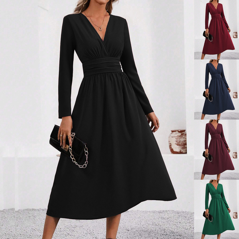 Ladies Autumn and Winter Solid Color Overlapping V Neck Long Sleeve Waist Pleated Long Elegant Dress, Women's Long Dress Ladies Autumn and Winter Solid Color Overlapping V Neck Long Sleeve Waist Pleated Long Elegant Dress, Women's Long Dress