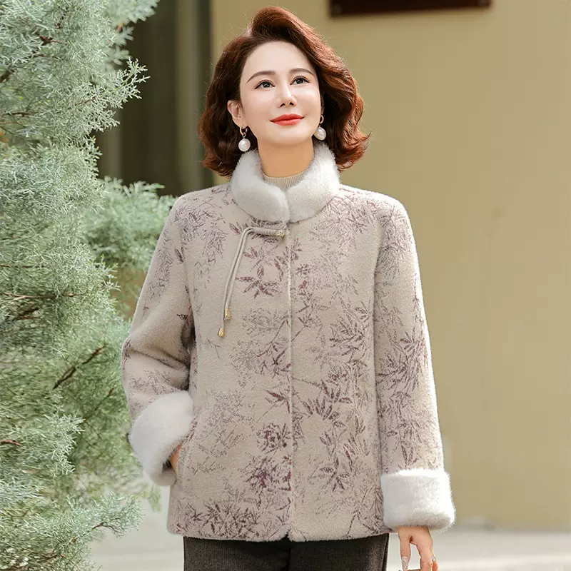 冬装中老年女装外套加绒水仿貂绒上衣中式毛呢妈妈仿皮草洋气国风