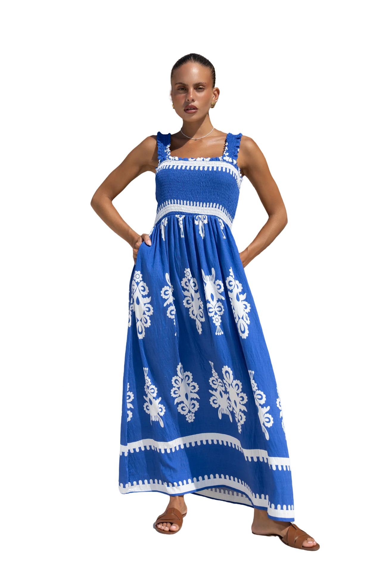 364g Weight Maxi Long Dress Dress Length Type Sleeveless Sleeve Length Strap Dress Dresses Type Polyester Fabric Type High Waist Waist Line Holiday Occasion Strap Neckline Loose Fit Type Printing Pattern 2025 Spring and Summer Season Women's Gender Elegant, Vacation Style Wholesale Women's Elegant Vacation Printing Holiday Strap Sleeveless Strap Dress 8