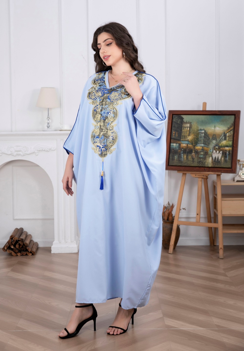 Indonesian-Middle Eastern Cross-border Women's Robe With V-neck, Embroidery, And Tassels, Elegant Arabic Robe,_ecoleips.com