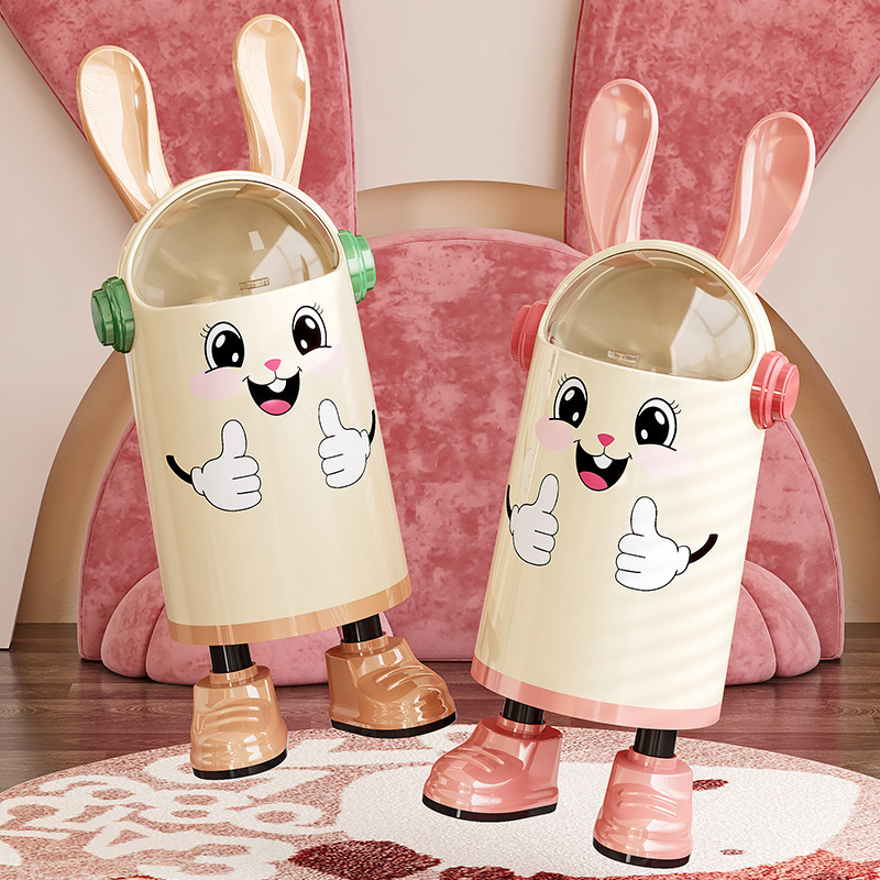 Cartoon Rabbit Ears Trash Can with Sealed Flip Cover, Cute and Good-Looking Paper Basket, New Double Barrel, Large Capacity with Wheels