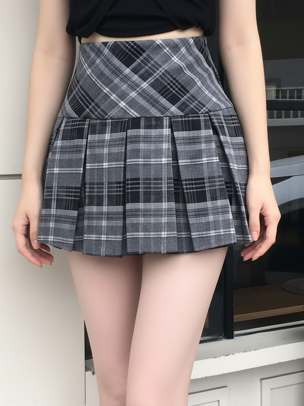 欧美打版学院风修身显瘦格纹百褶裙新款甜美少女风高腰半身短裙|undefined