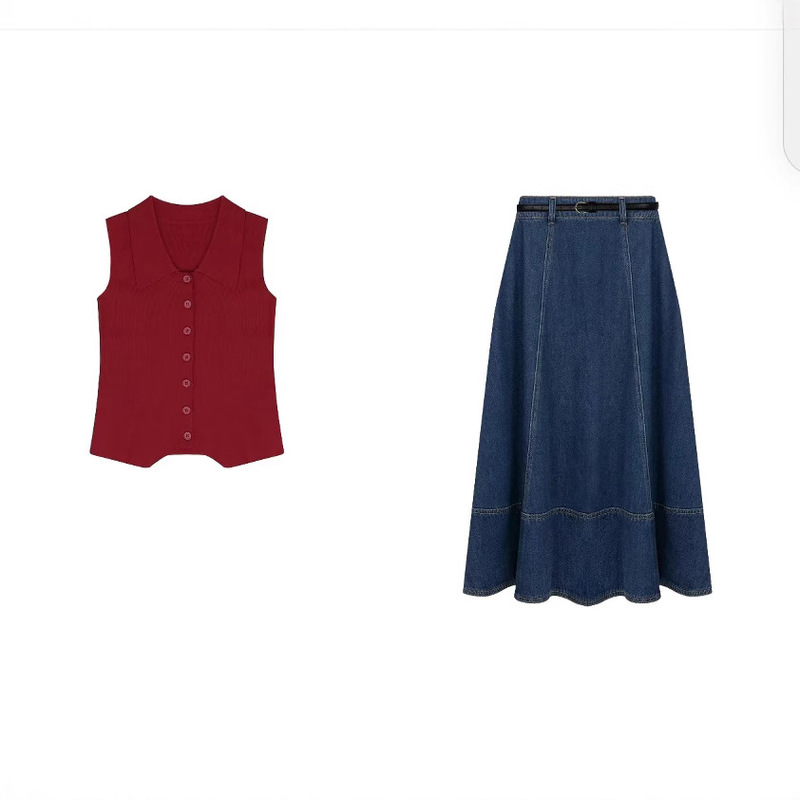 [Nostalgic Film Style] Fashion Set: Retro Denim Skirt and Women's Summer Sleeveless Knitted Top
