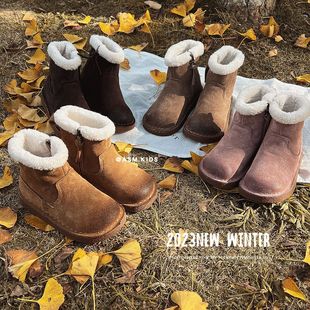 2023 Winter new children's soft glutinous leather snow boots Korean style girls' retro brushed cotton boots boys' cotton shoes