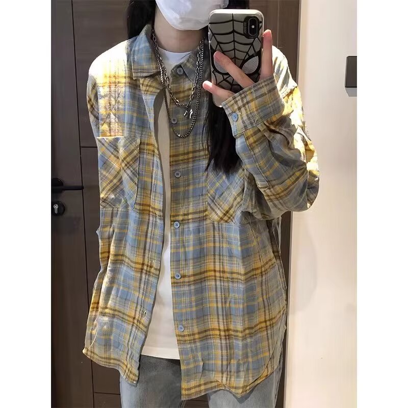 한국 옷깃 POLO 칼라 커플 디자인 감각 셔츠 소녀 체크 무늬 셔츠 긴 소매 코트 도매 국경