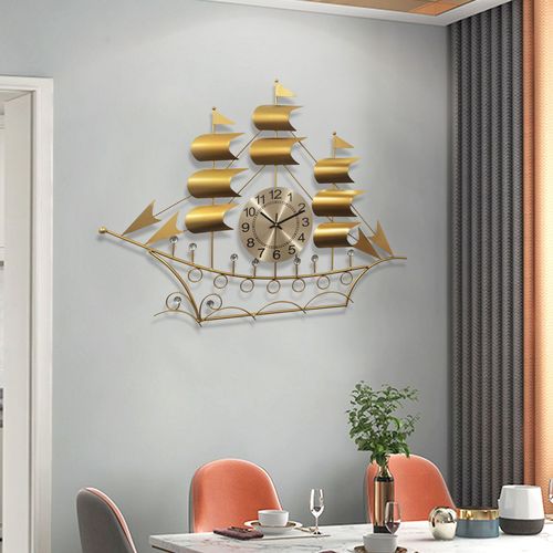 Clock New Chinese Style Wall Clock Living Room Home Use Fashion Minimalist Creative European Light Luxury Gold Sailboat Wall Mounted Clock