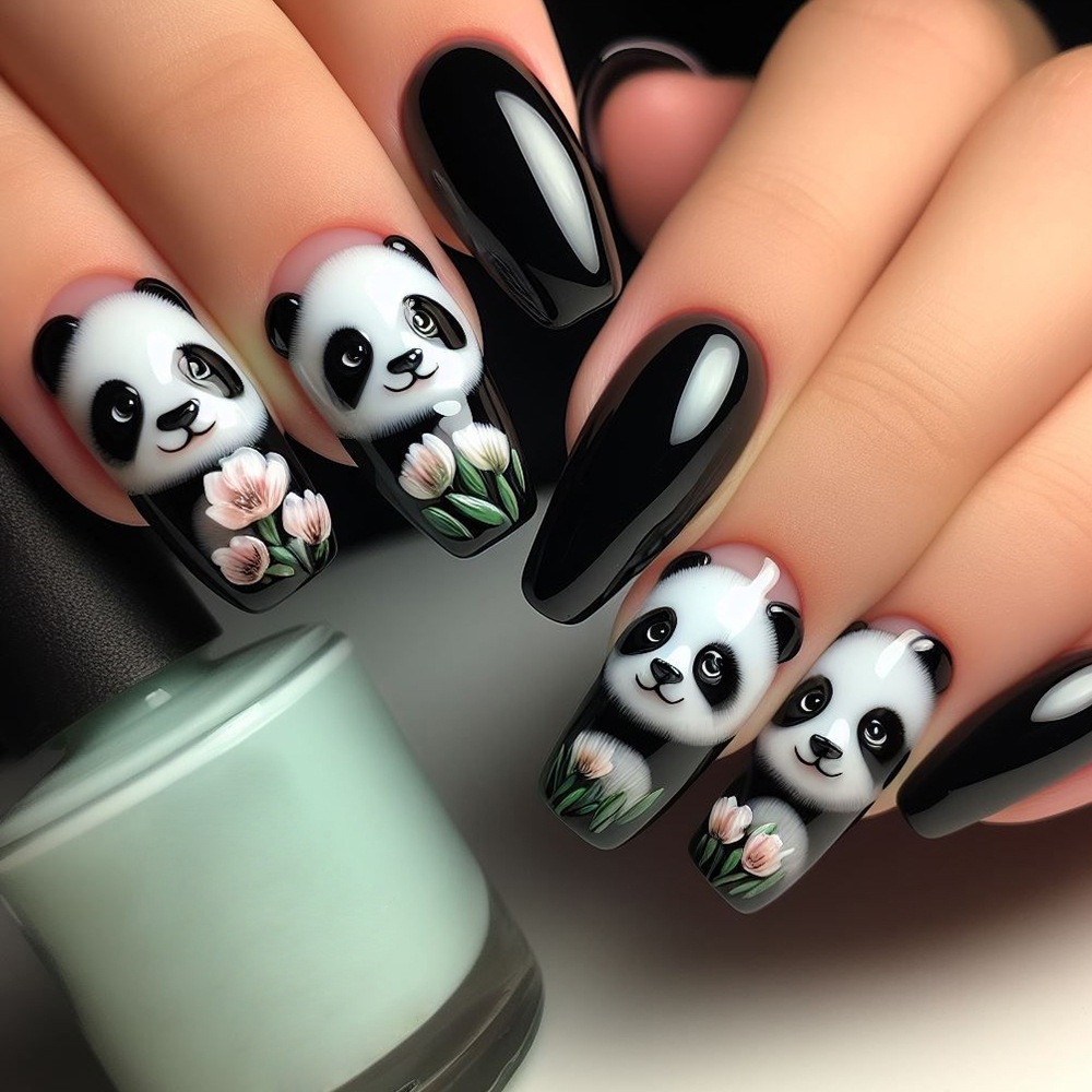 Caricatura de dibujos animados en blanco y negro panda manicure parche de uñas de estilo ballet lindo alto sentido de la venta caliente de uñas en Europa y América image 1