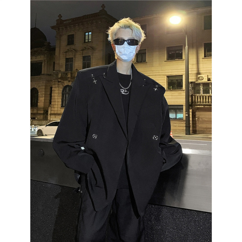 Metal Airplane Buckle Splicing Suit Jacket for Men, High-End Korean Style with Shoulder Pads, Dk Suit, Spring and Autumn Coat, Trendy Pairing Metal Airplane Buckle Splicing Suit Jacket for Men, High-End Korean Style with Shoulder Pads, Dk Suit, Spring and Autumn Coat, Trendy Pairing