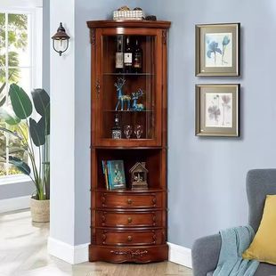 American Triangle Cabinet Solid Wood Corner Cabinet Living Room Corner Cabinet Home European Style Carved Wine Cabinet Bedroom Curved Storage Cabinet
