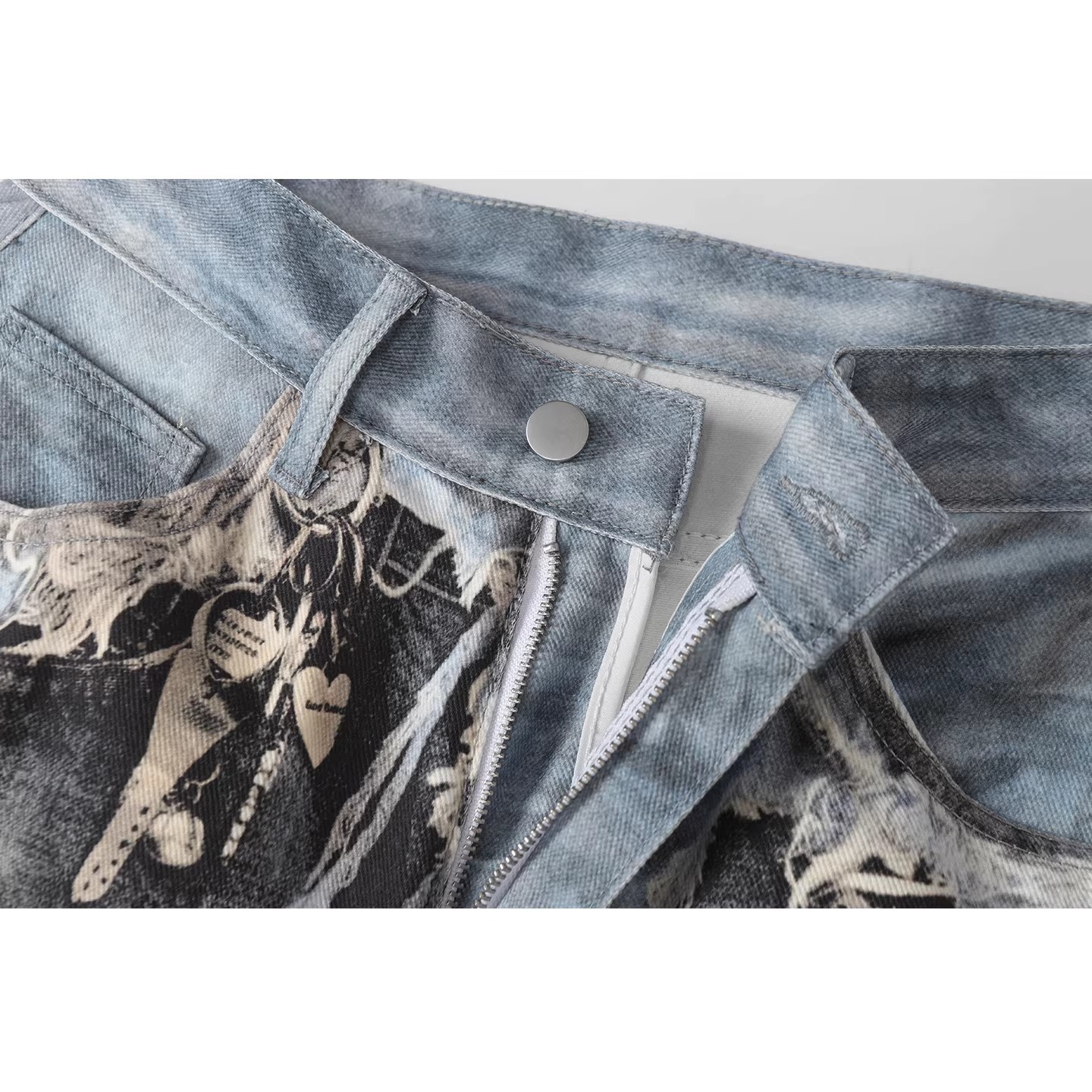 Vintage Distressed Patchwork Denim Pants – Oversized Wide-Leg Streetwear Jeans With 3d Print & Ripped Details (Unisex, Black, S-3xl)_mkmklike.com