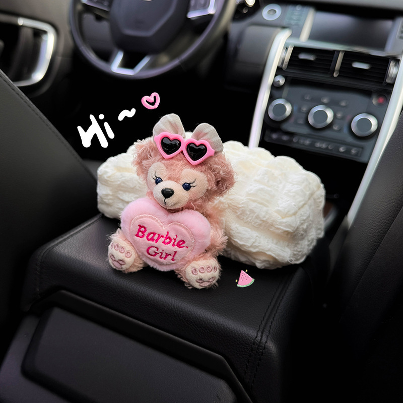 Decoración de coche para niñas caja de reposabrazos caja de pañuelos caja de dibujo de coche asiento de coche medio dibujos animados Duffy oso hecho a mano
