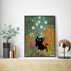 跨境創意搞怪梵高名畫黑色貓咪客廳家居牆壁裝飾帆布畫芯無框掛畫