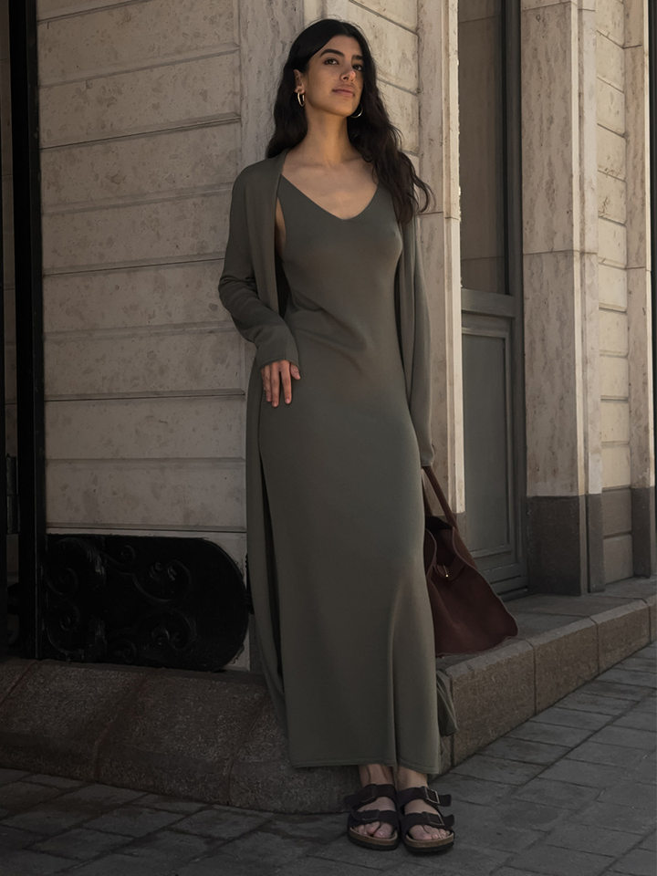 Bộ đầm dài kèm áo cardigan dệt kim dài tay nữ — Màu cà phê đậm, Màu hồng, Màu trắng, Màu xám chi tiết 69