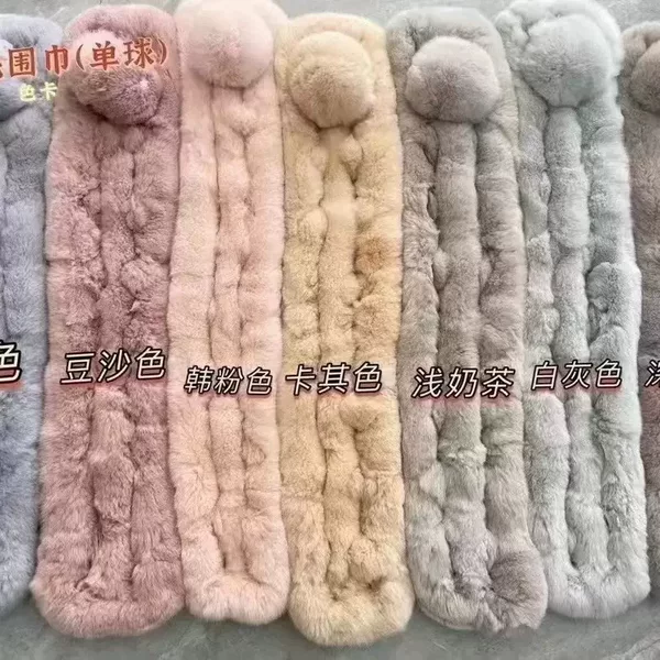 Cross-Border Hot-Selling Product, Direct Supply from the Manufacturer, Fur Neck Scarf, Genuine Rex Rabbit Fur, Women's Neck-Hanging Plush Neck Warmer, Three-Tube Neck Scarf
