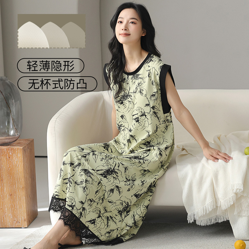 2025新款带胸垫睡裙女士夏季纯棉背心连衣裙可外穿凉感爽棉睡衣女|undefined
