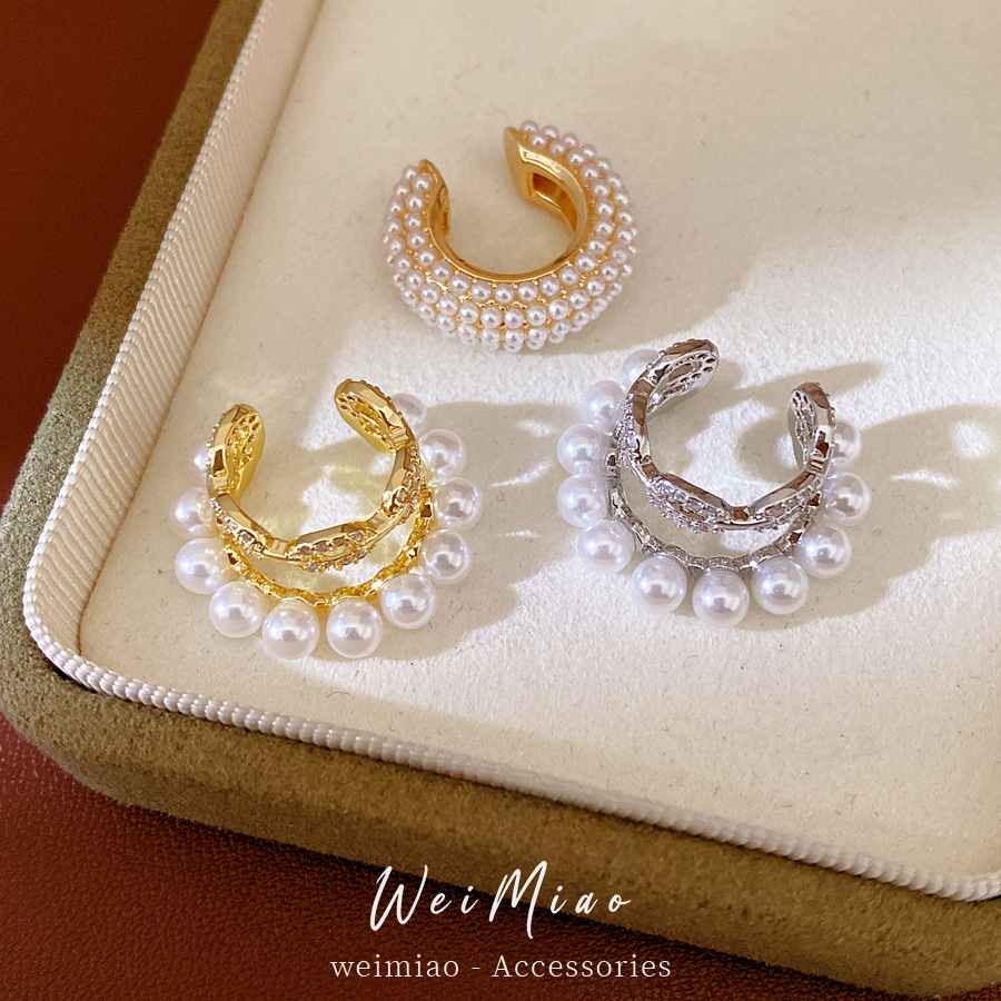 Zircon oval de doble capa de perla orejas de orejas de mujer sin agujeros de orejas personalidad temperamento pequeño aretes ligero lujo alta sensación de orejas
