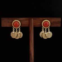 中古风vintage耳环红竹石虎眼石花纹古币耳坠镀真金复古女式耳饰