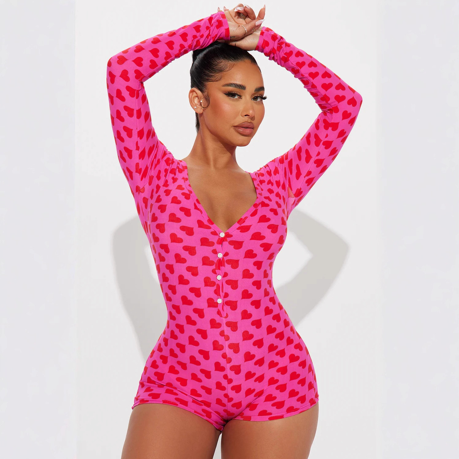 2025 Cross-Border European and American Women's Valentine's Day Printed Functional Buttoned Back-Flap Bodysuit