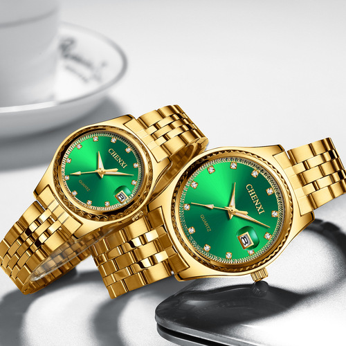 Morning Dawn Business Calendar Couple Watches Steel Strap with Gems Green Gold Foreign Trade Cross-border Live Streaming Manufacturer Wholesale Men and Women Matching Watches
