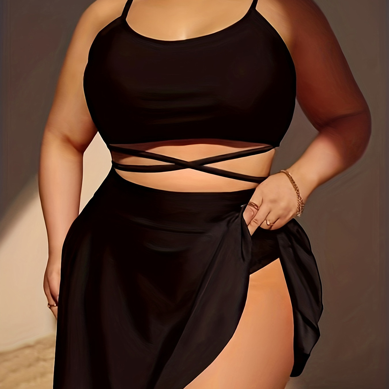 2024 New European and American Cross-border Plus Size Three-piece Swimsuit High Waist Lace-up Mesh Sexy Swimsuit