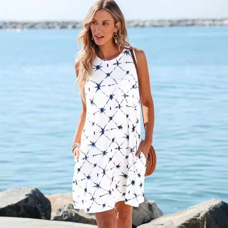2026 European and American Cross-Border Summer Hot-Selling Celebrity Print Plain Knit Round Neck Sleeveless Pocket Dress 2026 European and American Cross-Border Summer Hot-Selling Celebrity Print Plain Knit Round Neck Sleeveless Pocket Dress