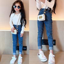女童高腰牛仔裤修身2024春装新款韩版时髦弹力显瘦小脚裤紧身裤子