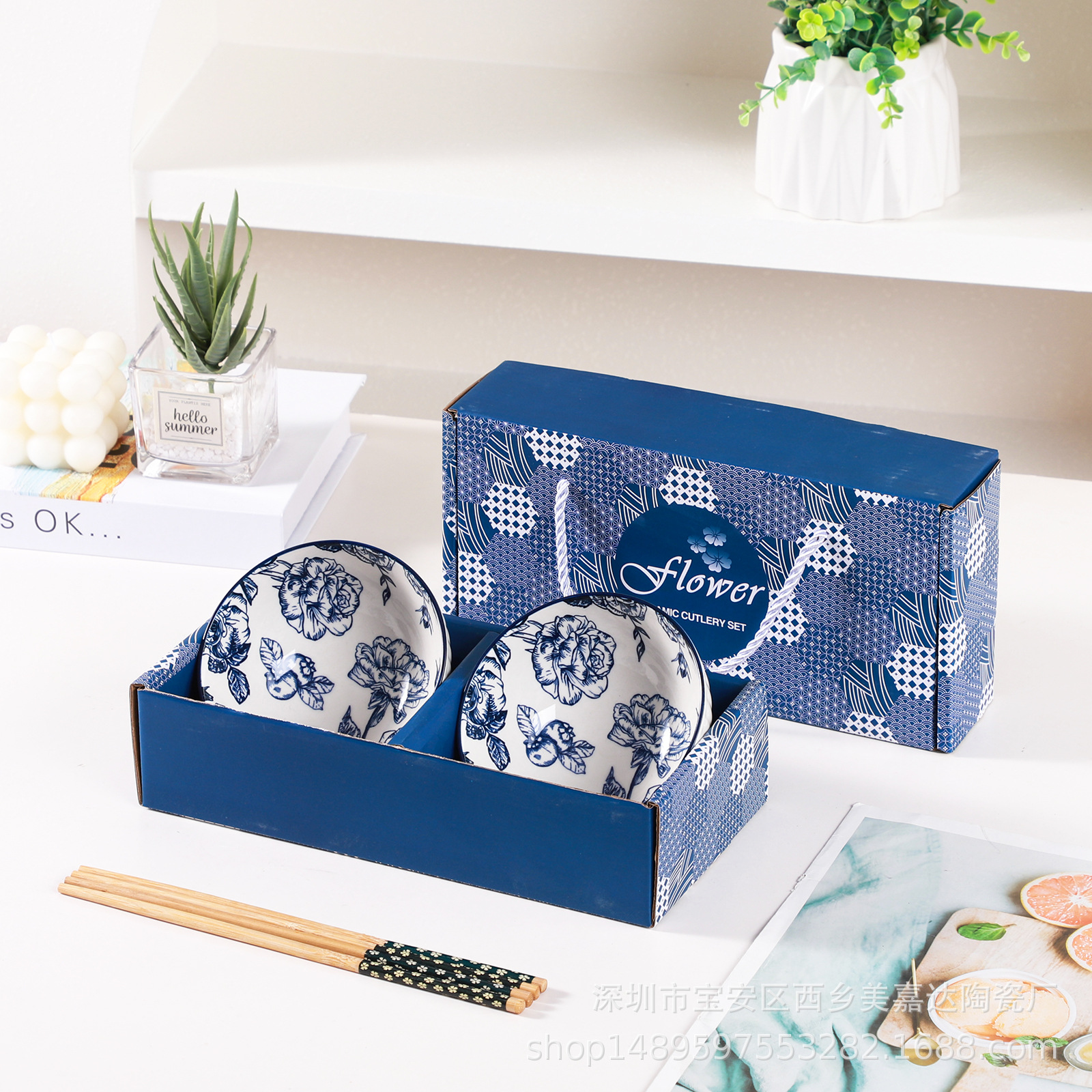 Regalo bohemio tazón de cerámica y palillos traje al por mayor tazón y plato traje hogar tazón de arroz vajilla conjunto tazón caja de regalo traje