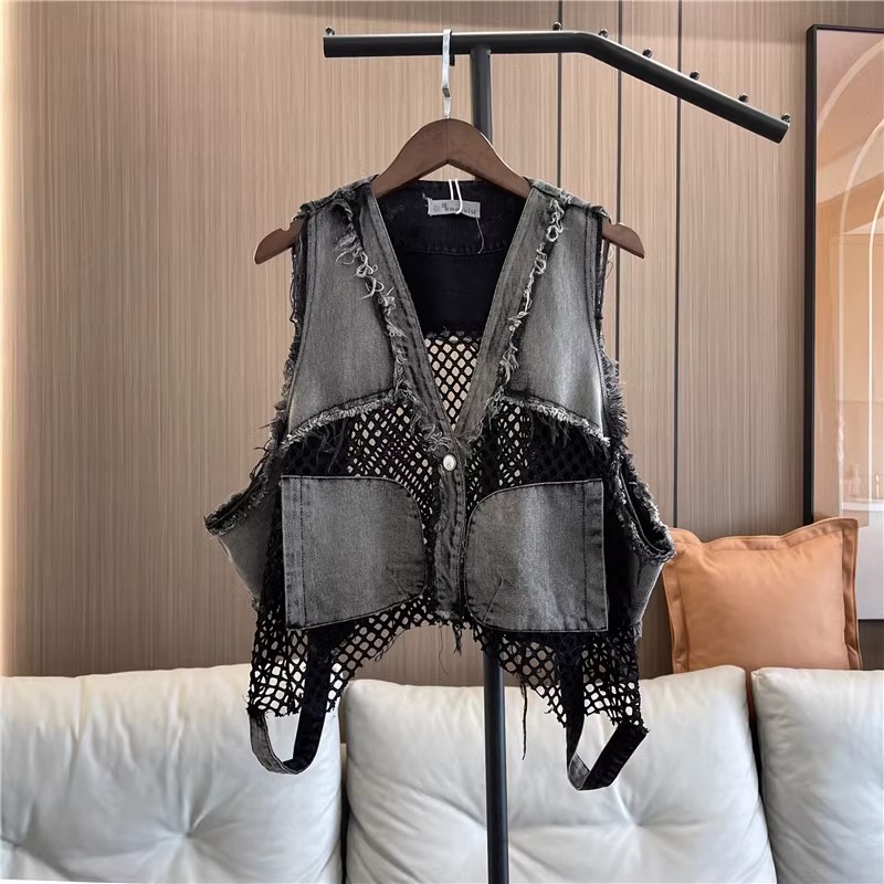 Productos europeos American Street Cowboy Chaleco Mujer 2025 Primavera y otoño Nuevo estilo Diseño de costura de malla Chaleco corto Top Tendencia
