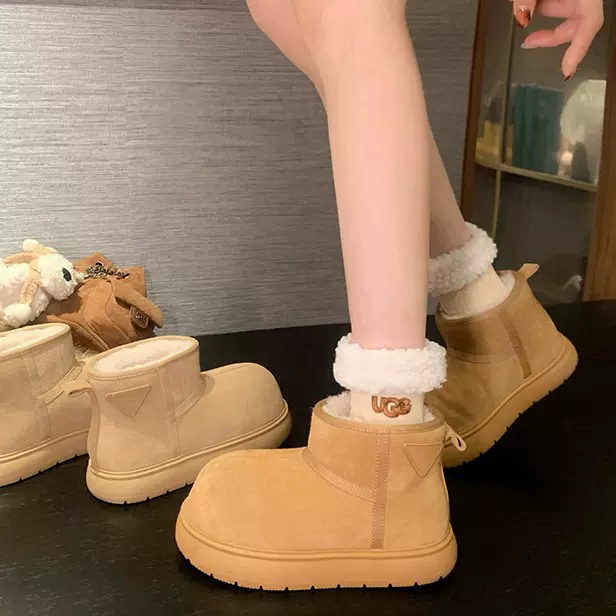 葡萄妈同款现货 可爱大圆头加绒保暖棉鞋毛毛雪地靴女2024秋冬款