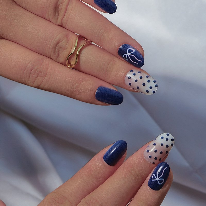 Cross-Border Press-On Nail Pieces, Short Round Dark Blue Bow, Sweet, Cute, Exquisite Style, Aesthetic Wave Light Surface Wearable Nails
