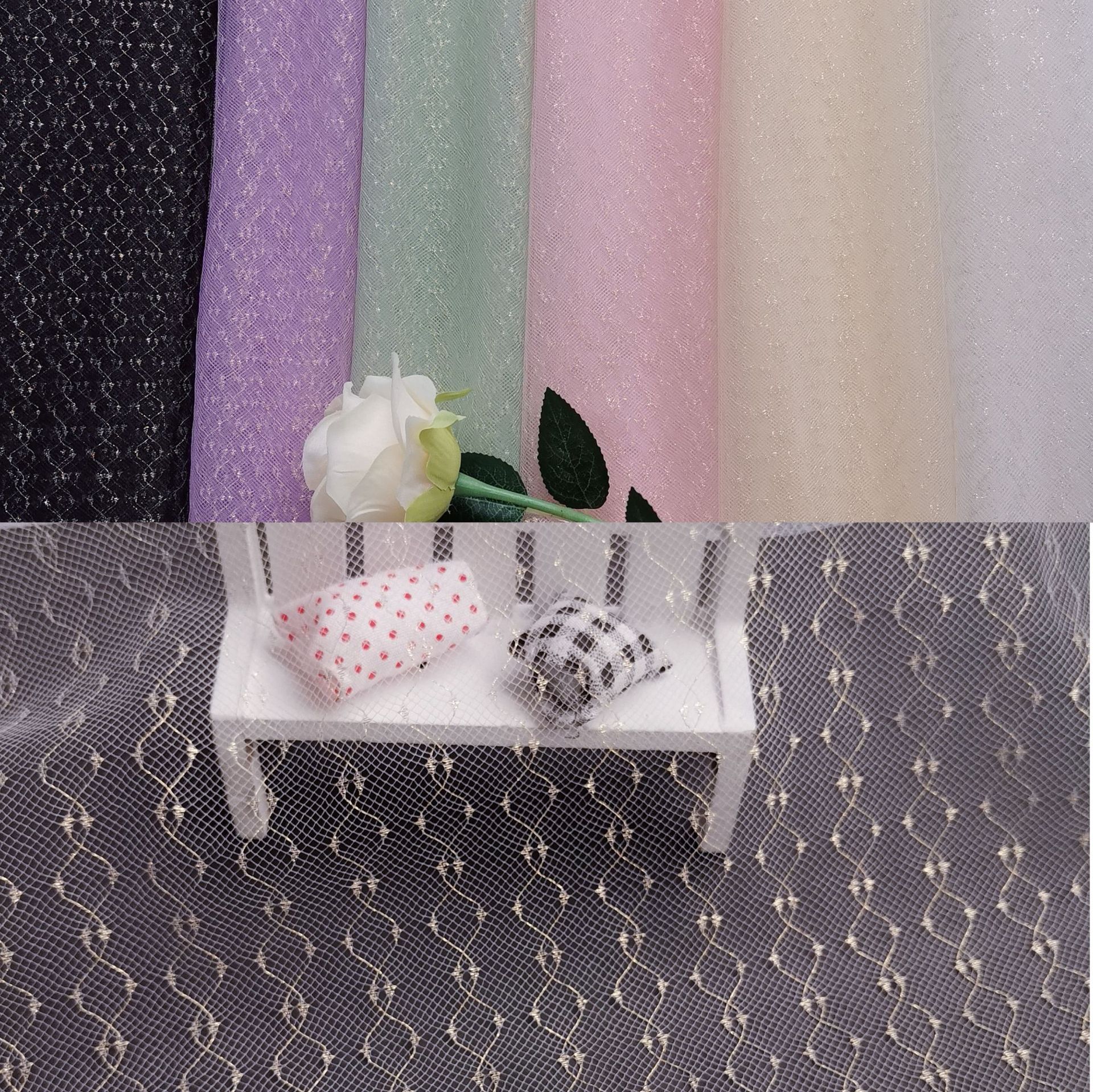 新款金丝提花~薄透锦纶竖纹大小圆圈串串金丝提花网纱 纱裙等面料