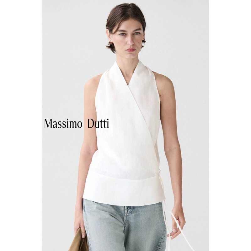 Summer New Style Massimo Dutti 2026 Women's Urban Commuting Style Linen Cross V-Neck Belted Top Summer New Style Massimo Dutti 2026 Women's Urban Commuting Style Linen Cross V-Neck Belted Top