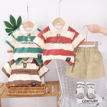 2025夏季新款男童宽条翻领短袖套装男宝宝休闲短裤两件套一件代发