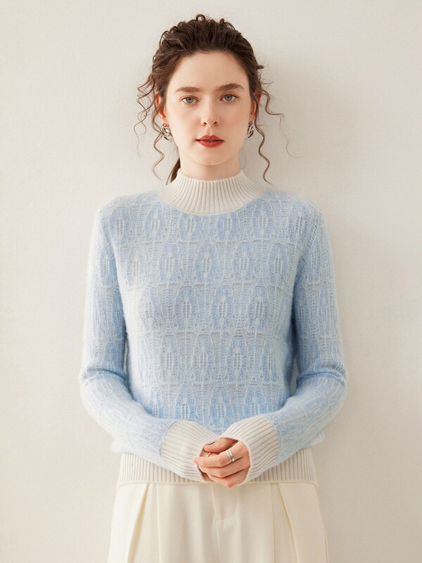 Cloud-Like Softness, Fashionable Color-Blocking, Heavy Jacquard Half-Turtleneck Cashmere Sweater for Women, Thick Knitted Base Sweater