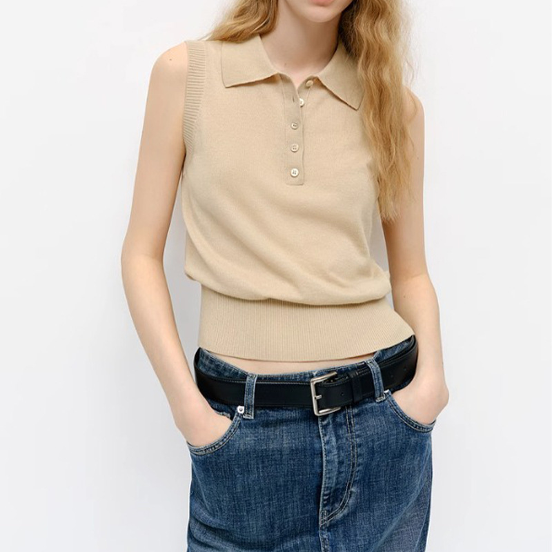 Mc's New Knitted Vest Autum New Sheep Wool Polo Collar Sleeveless Short Button Lapel Knitwear