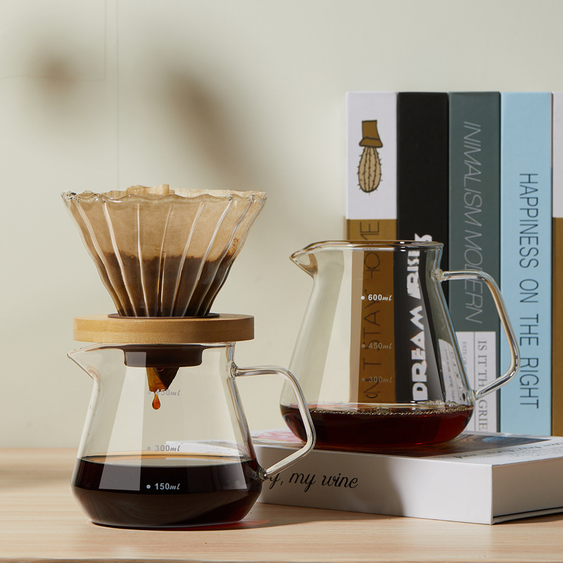 Sharing pot with scale glass hand coffee pot wooden tray filter cup drip filter brewing pot household coffee appliance