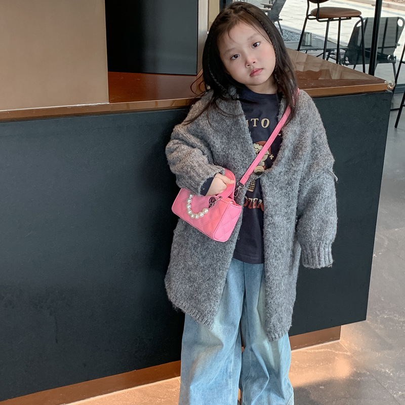 Bolsos de hombro coreanos para niños y niñas, bolsos de diamante de color sólido para niños, 2024 nuevos bolsos de perlas para niños