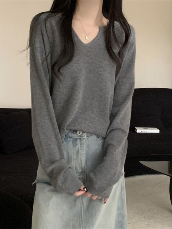 小香风灰色长袖V领T恤女秋冬季甜美显瘦打底衫宽松百搭针织衫上衣|undefined
