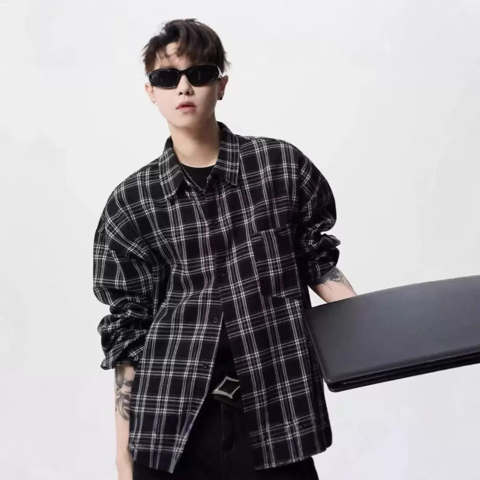 潮牌撞色格子衬衣男春美式街头休闲长袖衬衫复古oversize情侣上衣