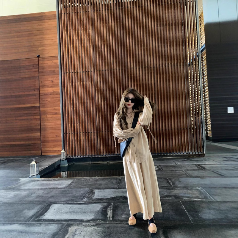 Xiaojunbu Narrative Wabi-Sabi Uma Heavy Industry Design Tea Break Shirt and Skirt Loose Suit~