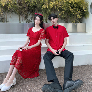 2023 Summer Couple Dress Wedding Photo Engagement Bride Lace Women Short-sleeved V-neck Dress Men's Red Shirt Toast