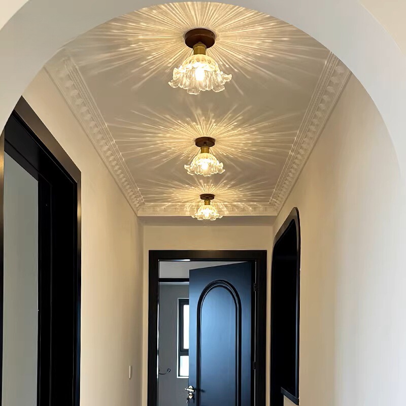 New Chinese-Style Hallway Ceiling Light, Modern Minimalist Walnut Glass Foyer Balcony Corridor Kitchen and Bathroom Solid Wood Lighting Fixtures