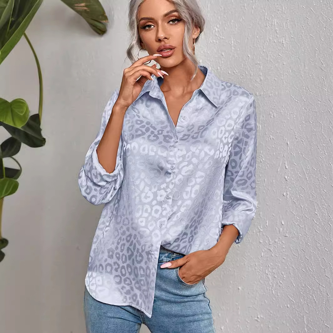2026 European and American Cross-Border Women's Clothing Spring and Summer New Style Lapel Button-Up Leopard Print Jacquard Shirt Elegant Commuter Long-Sleeve Shirt