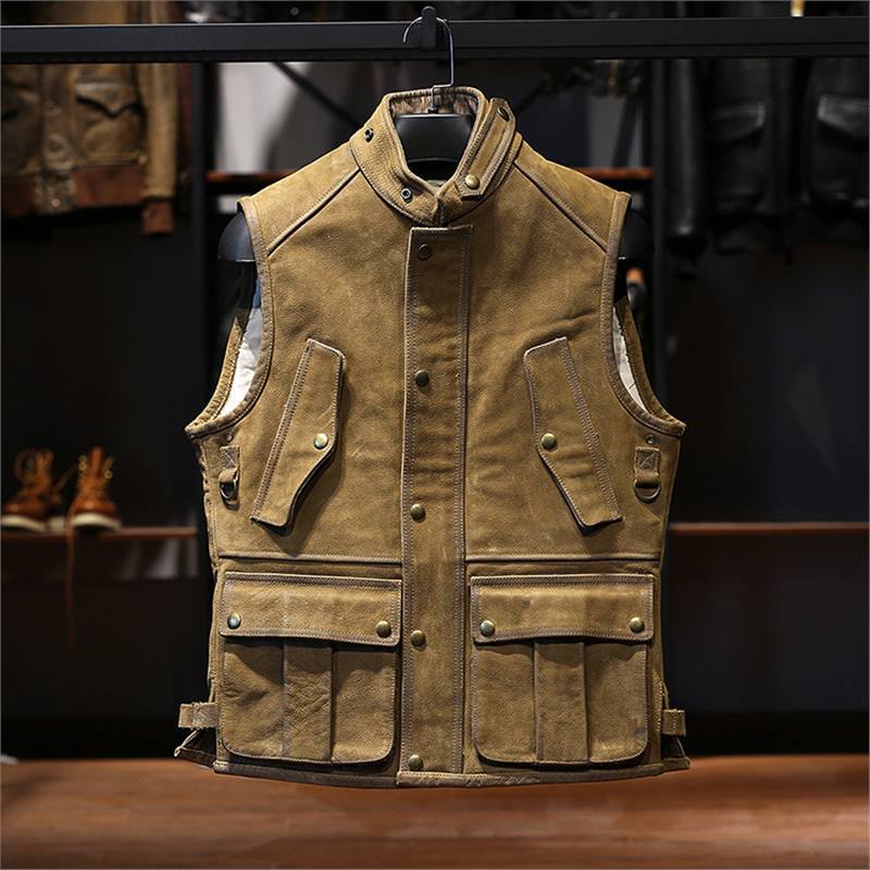 Hunter's genuine leather vest for men, stand-up collar, multi-pocket, thickened cowhide, workwear vest.